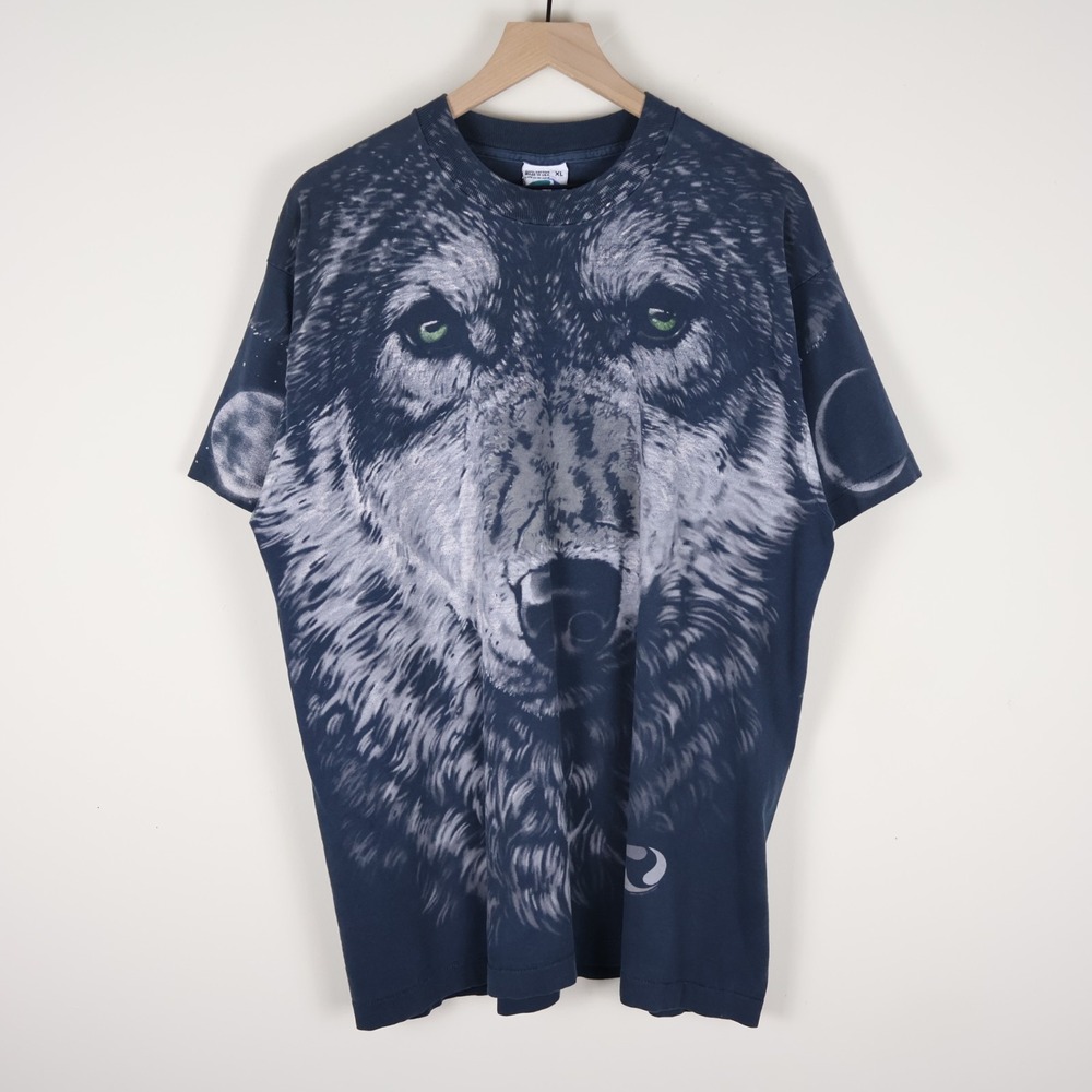 Vintage 90s Liquid Blue Wolf All Over Print Double Sided Shirt Size XL 23x30.5‎